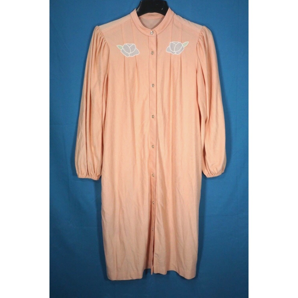 VTG Shadowline PEACH VELOUR FLEECE ROBE Housecoat Snap-Up w/Pockets APPLIQUES M